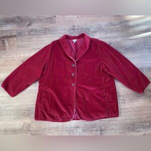 J Jill Womens Corduroy Shacket Jacket Button Down 4X Red Burgundy Velvet Trim
